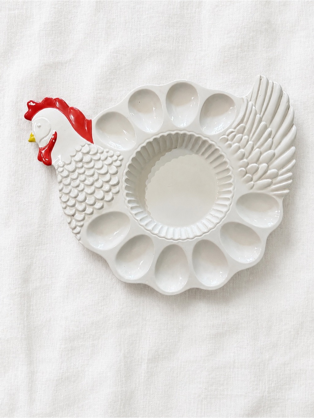 White Ceramic Hen Deviled Egg Platter with Red Accent